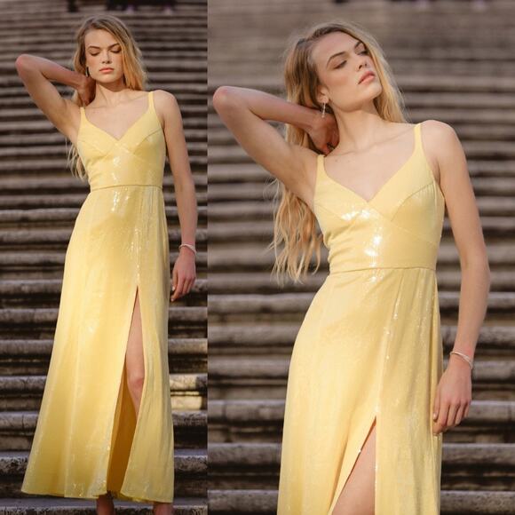 Hutch | NWT Mikayla Butter Yellow Sequin Maxi Dress w/ Side Slit 0 / XS - Picture 2 of 14